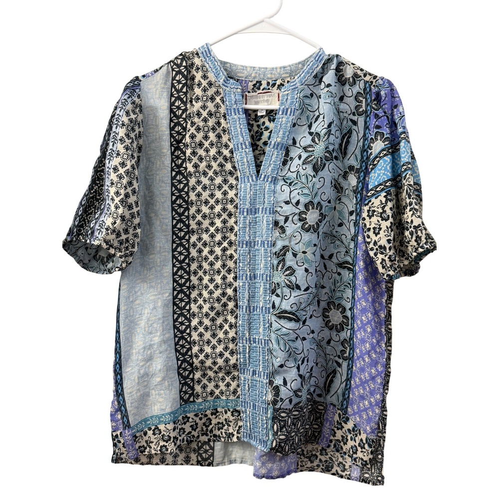 Johnny Was Workshop Blue Patchwork Ramie Floral V-Neck Top R17721-N Womens Small